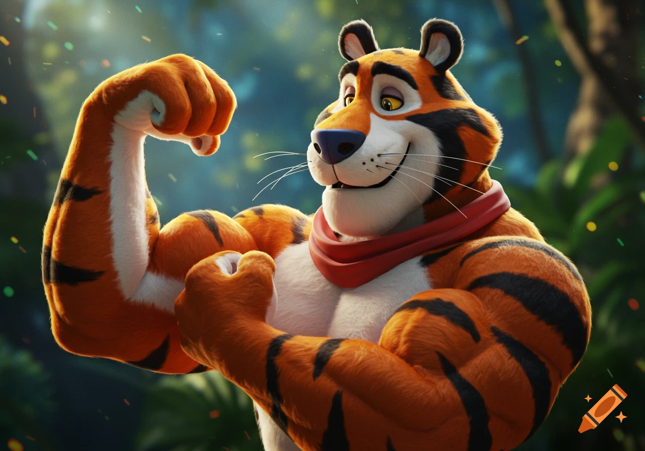CGI rendering of Tony the Tiger, the cereal mascot, flexing his bicep and looking at it in a jungle setting.