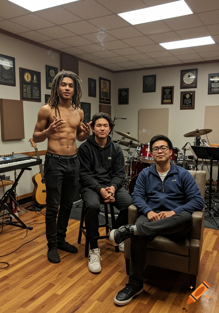Three young men in a music studio with instruments and wall plaques.