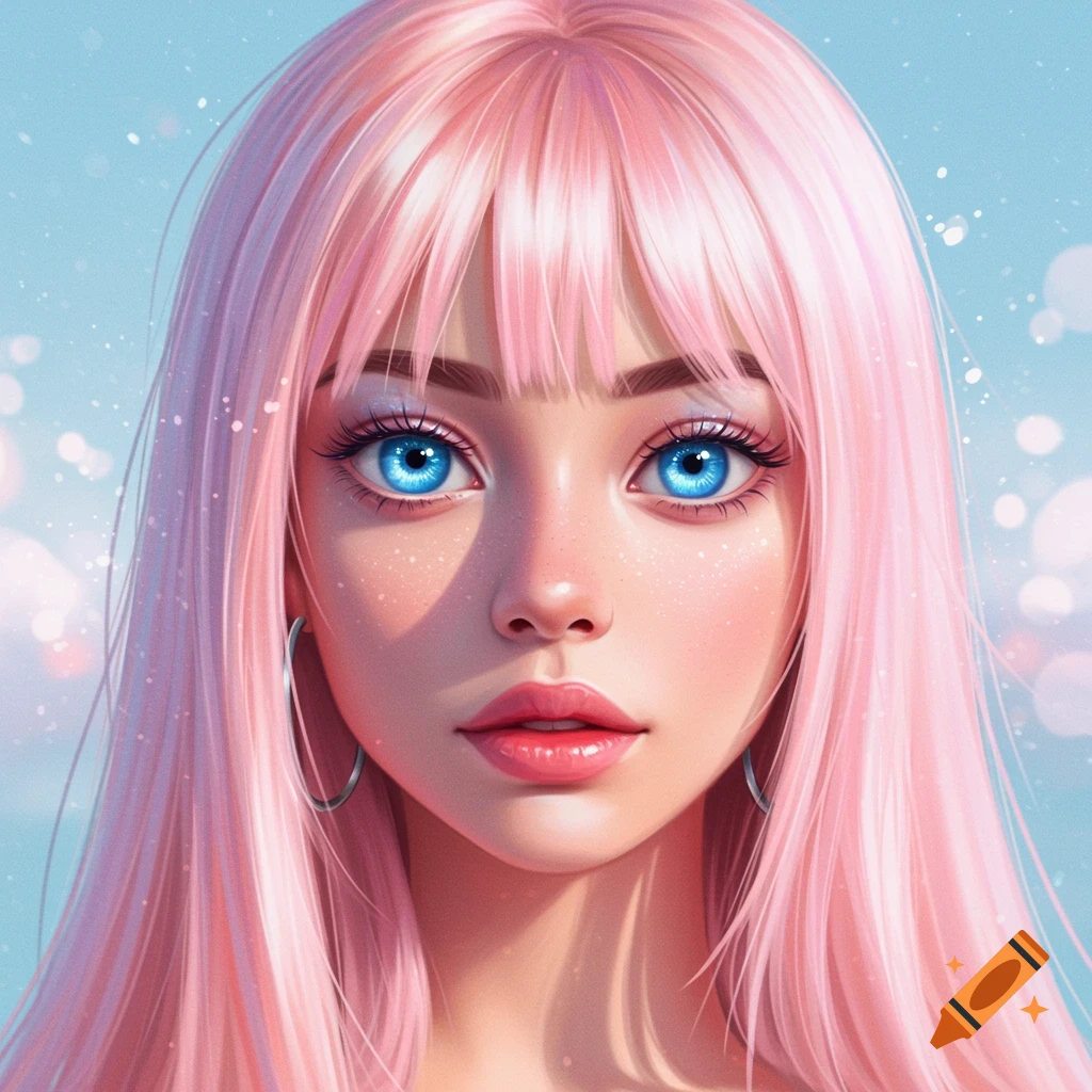 Close-up portrait of a woman with long pink hair, bright blue eyes, and hoop earrings, set against a dreamy blue background.