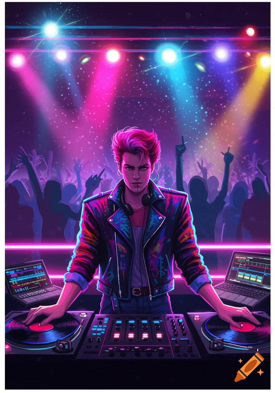 A male DJ with pink hair in an 80s-style leather jacket at a neon-lit concert, mixing on turntables with a silhouetted crowd.