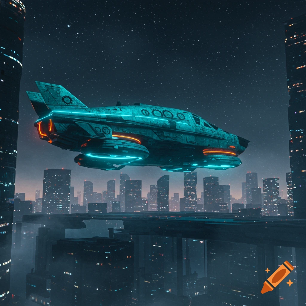 A futuristic spaceship with neon lights flies over a sprawling cyberpunk city at night under a starry sky.