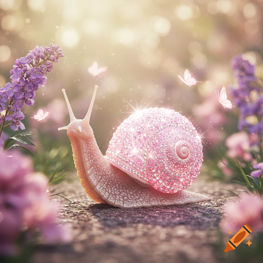 A pink snail with a sparkly, bejeweled shell crawls in a magical garden with blurred purple flowers and glowing butterflies.
