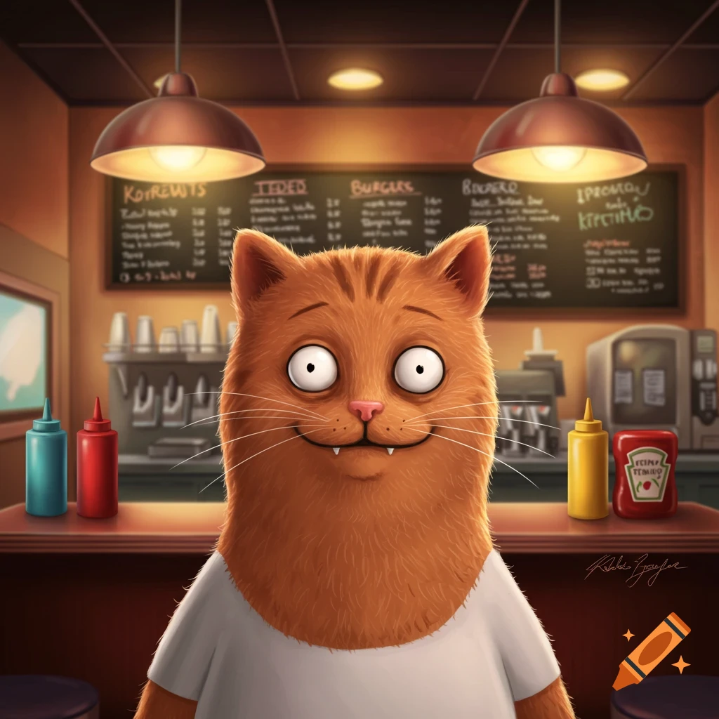 A smiling, wide-eyed orange cartoon cat in a white t-shirt stands behind a counter in a burger restaurant.