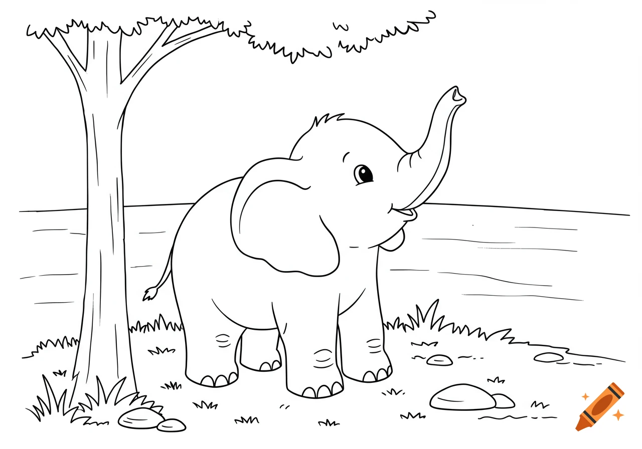 Black and white outline drawing of a baby elephant reaching its trunk up under a tree, with grass and rocks.