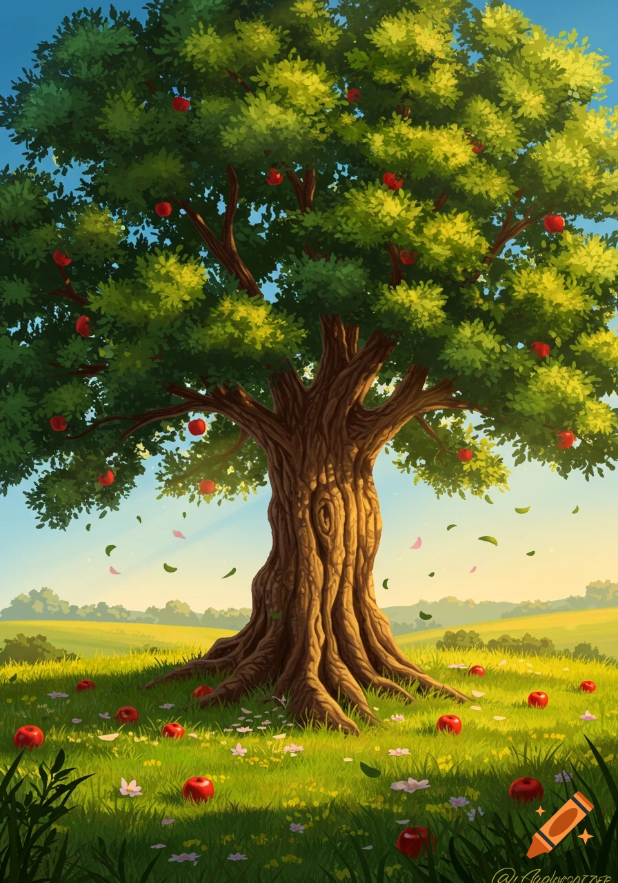 A vibrant illustration of a large apple tree with red apples in a sunny green field under a blue sky.