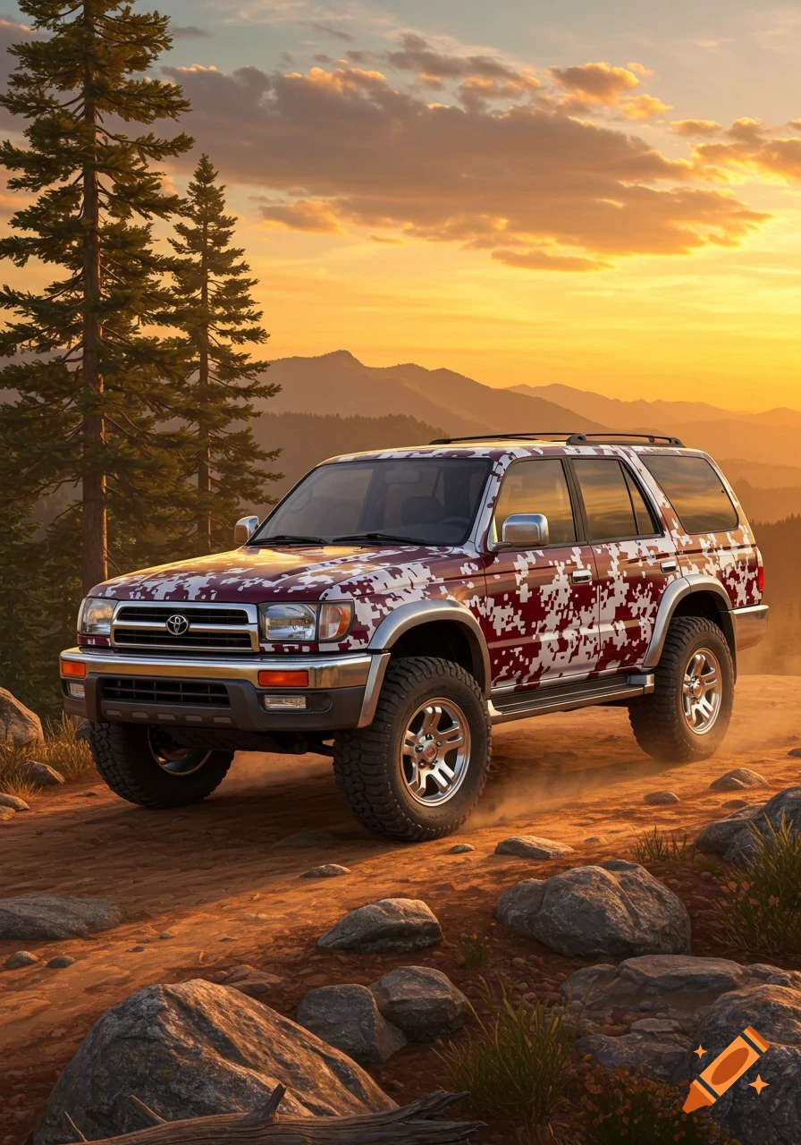 A maroon, silver, and white digital camouflage Toyota 4Runner SUV drives on a dirt road at sunset in a mountainous landscape with pine trees.