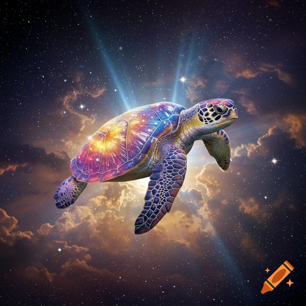 A vibrant, iridescent turtle with a galaxy-patterned shell floats in a starry cosmic sky with glowing clouds and light beams.