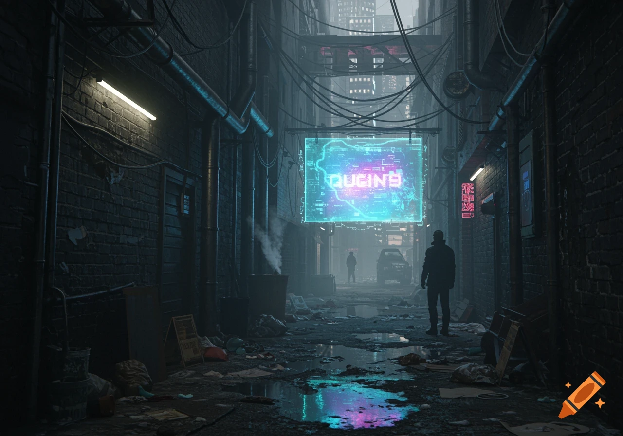 A dark, gritty cyberpunk alleyway at night with a glowing holographic sign displaying