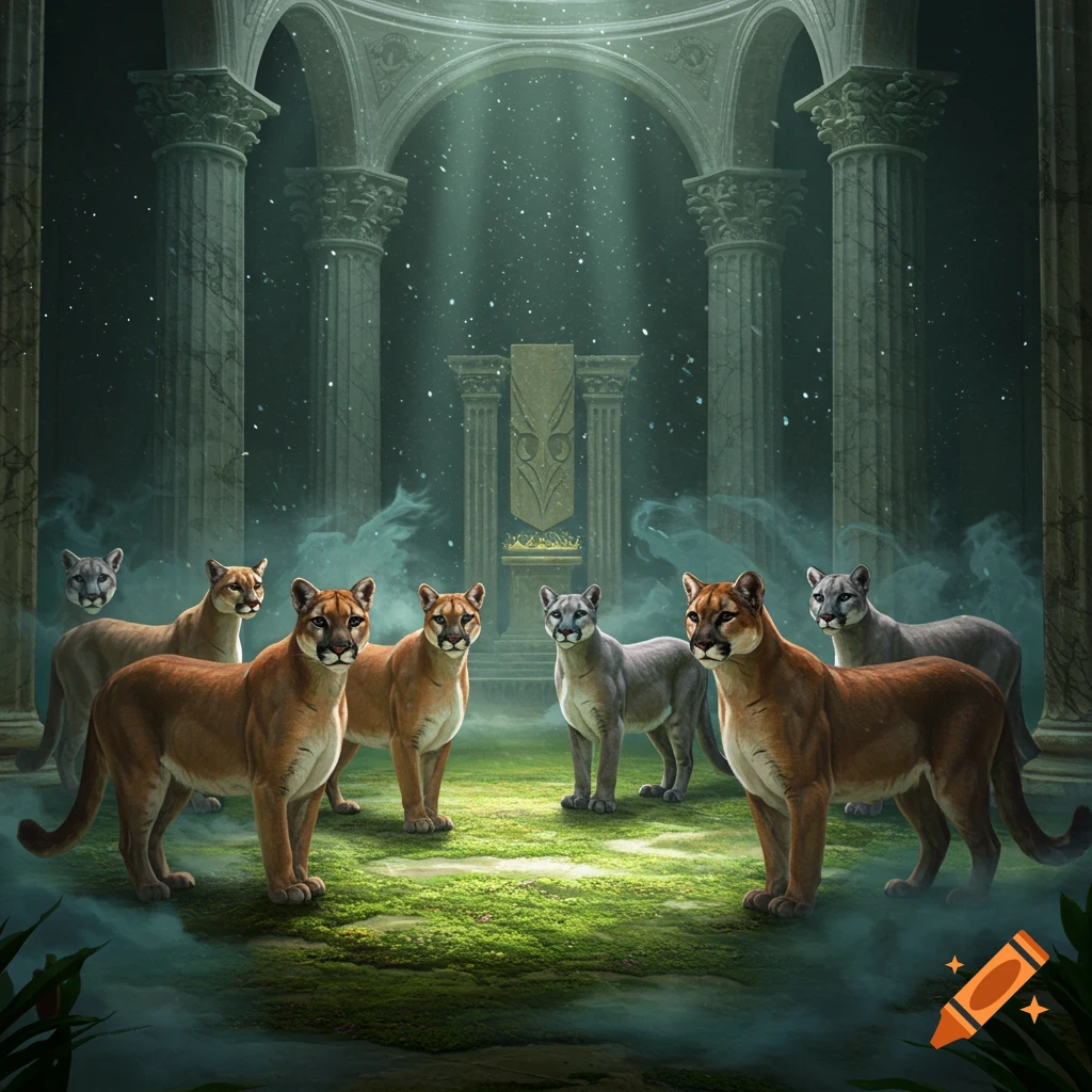 Seven pumas stand on mossy ground inside ancient ruins with tall columns, bathed in mystical light.