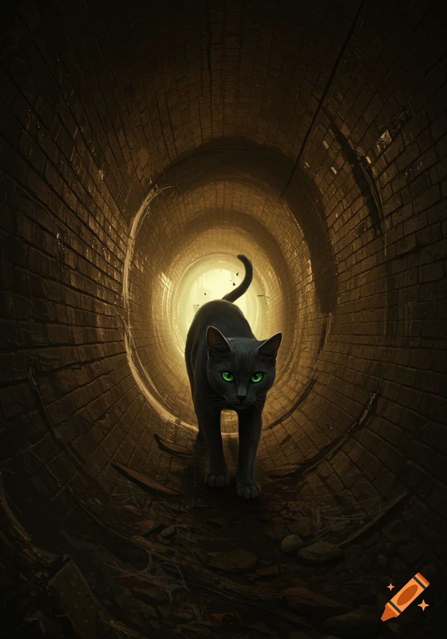 A black cat with bright green eyes walks through a dark, brick tunnel towards a light source at the far end.