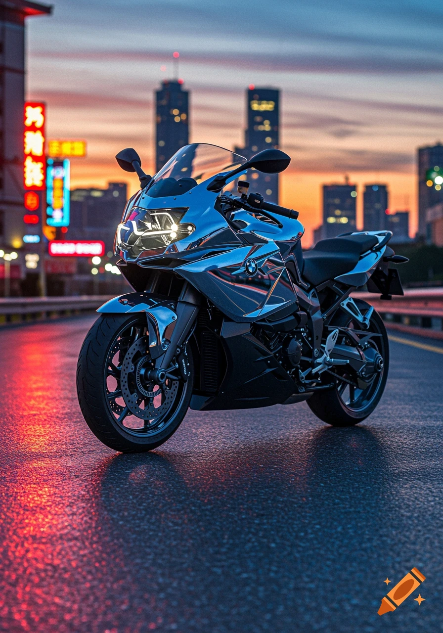 A sleek chrome motorcycle parked on a wet city street at dusk with a blurry cityscape and neon lights in the background.