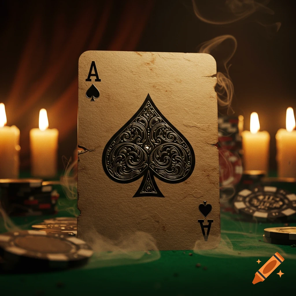 A weathered ace of spades playing card stands on a green felt table surrounded by poker chips, candles, and smoke.