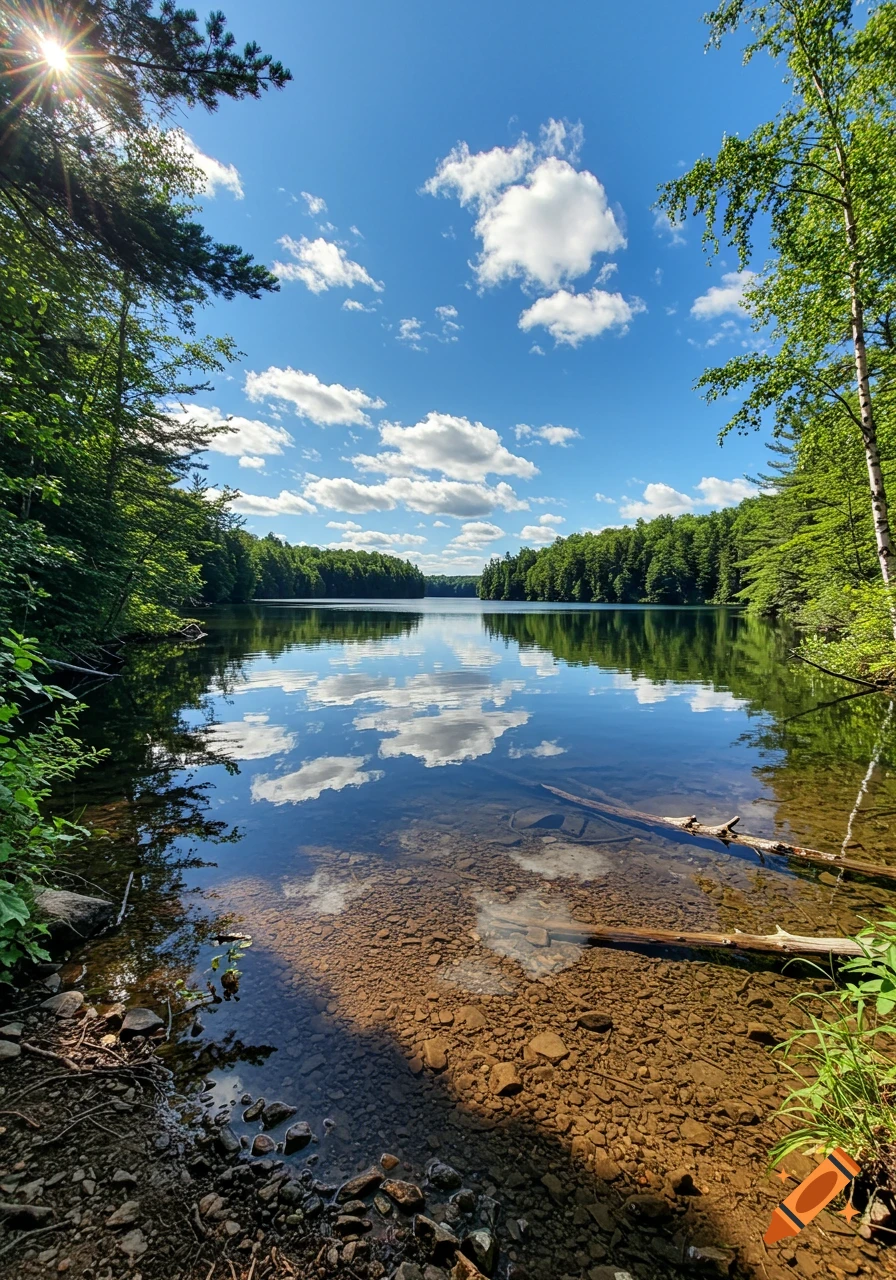 Photorealistic view of a clear lake surrounded by green forests, reflecting a blue sky with white clouds. Sunlight streams through trees.