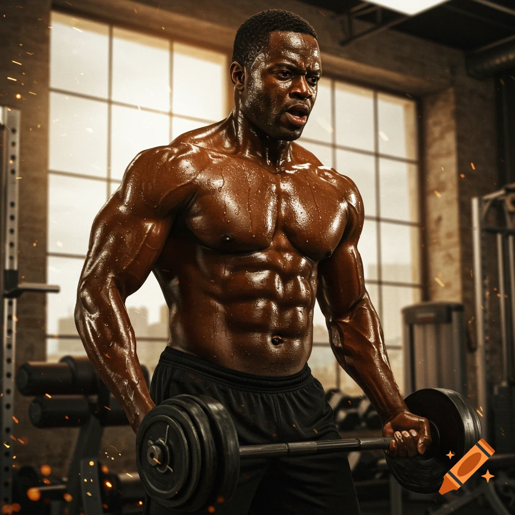 Photorealistic image of a very muscular, sweaty Black man lifting a barbell in a gym with an intense expression.