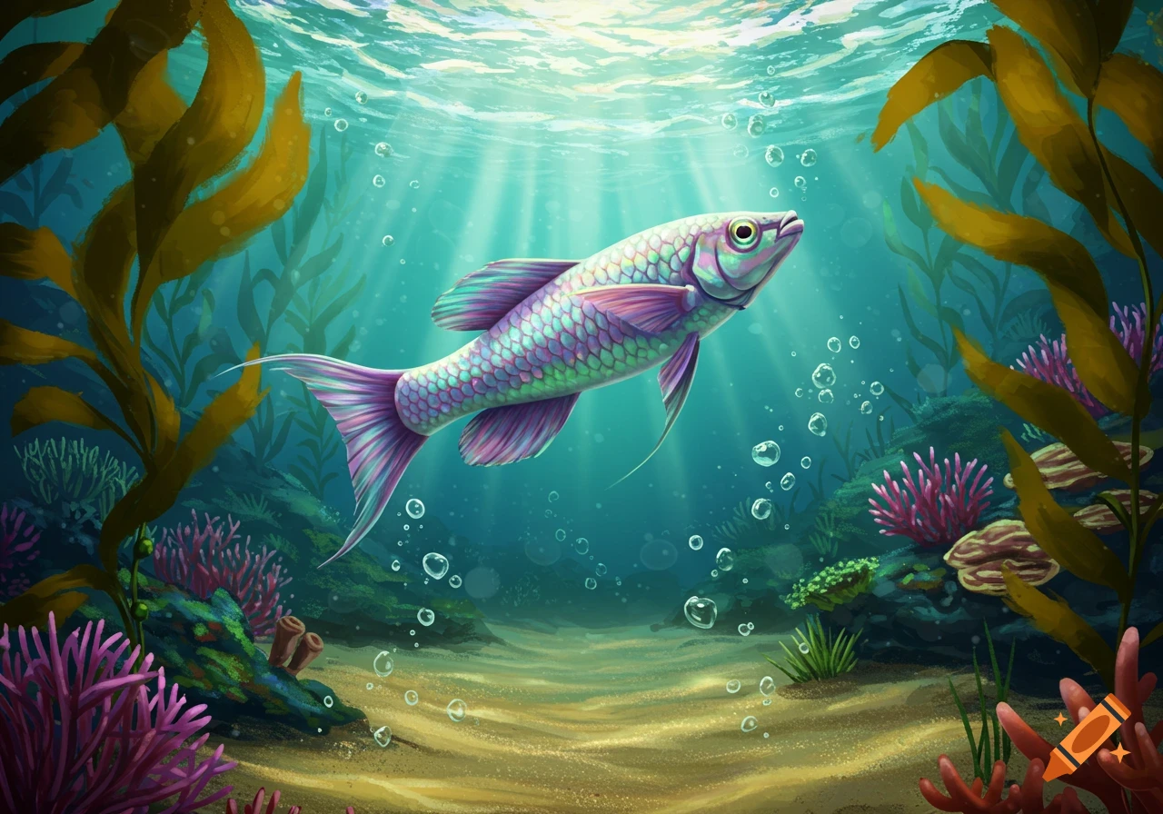 An iridescent purple and green fish swims through sunlit water among kelp and coral in an illustration.