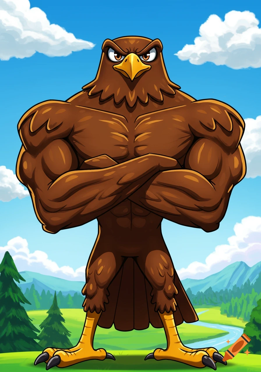 Muscular cartoon eagle with crossed arms standing in a green landscape with mountains and a river.