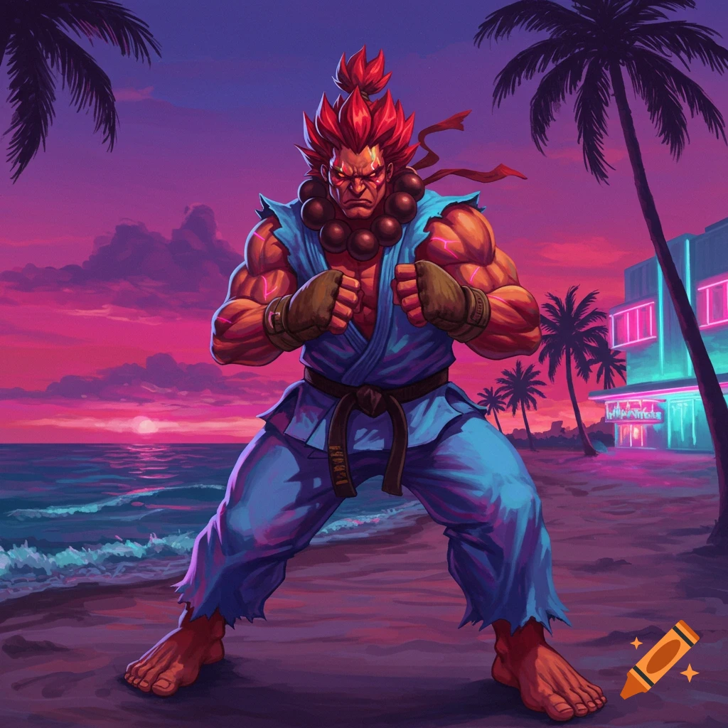 Akuma from Street Fighter stands on a beach at sunset, rendered in a vibrant Miami Vice art style.