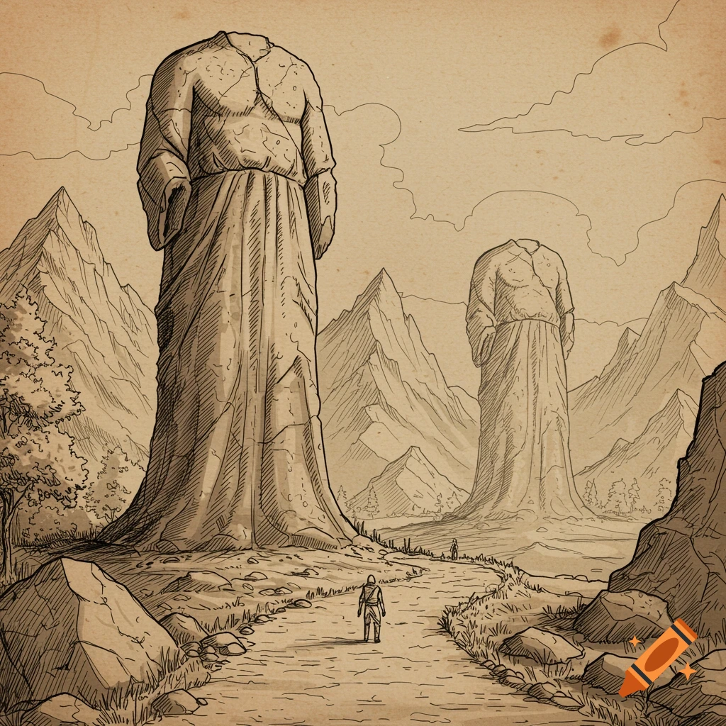 Sepia line drawing: A small figure on a path approaches two colossal, headless, broken statues in mountains.