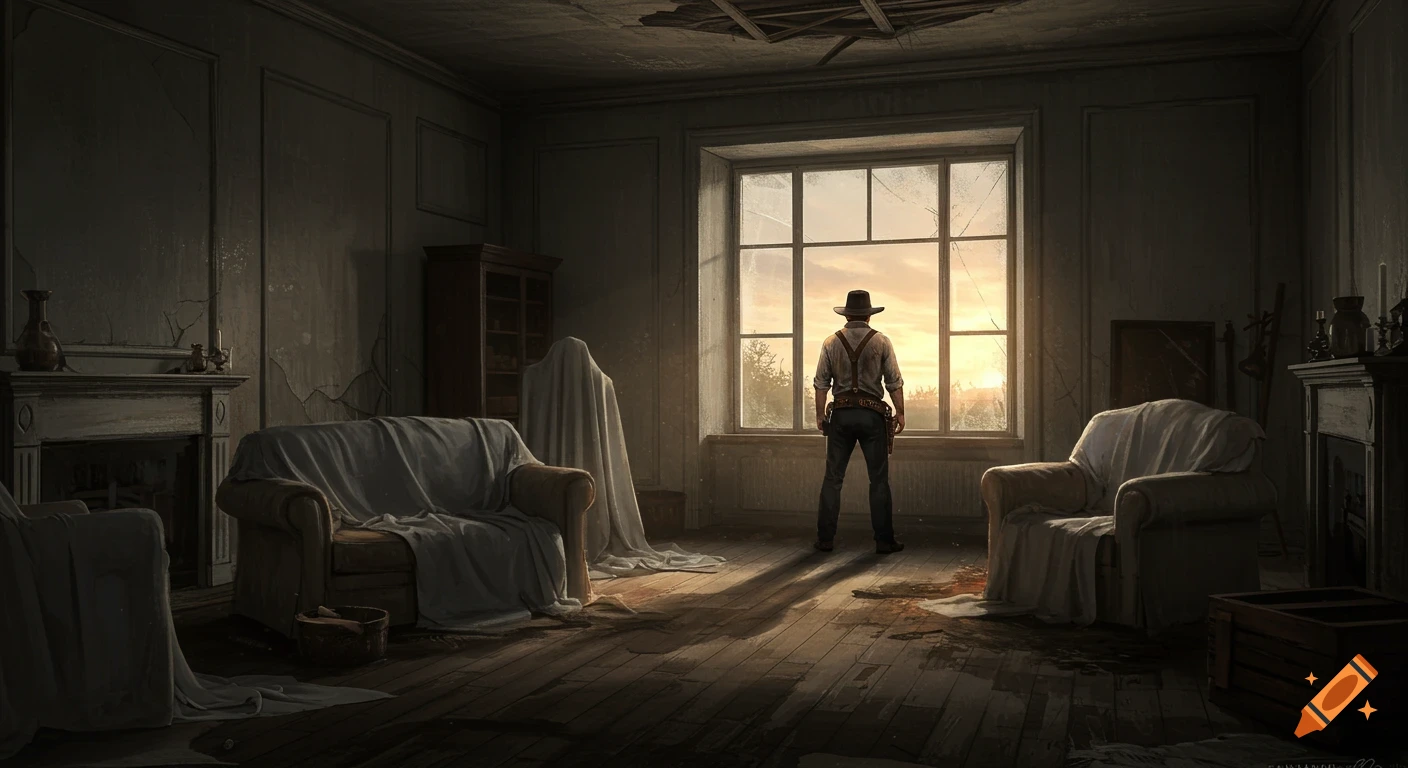 A man in a hat and suspenders looks out a large window in a dilapidated room with sheet-covered furniture. Sunset light fills the window.