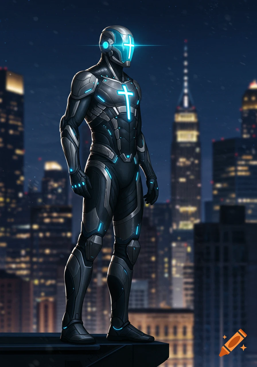A futuristic superhero in a black and gray armored suit with glowing blue cross symbols stands on a rooftop overlooking a blurred city skyline at night.