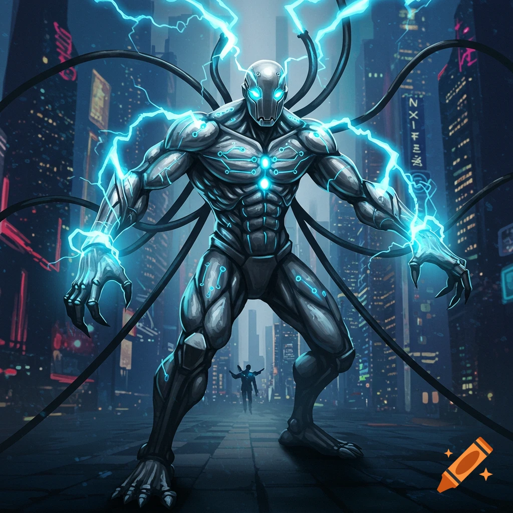 A large grey cybernetic monster with glowing blue circuitry and crackling electricity stands on a futuristic city street at night.
