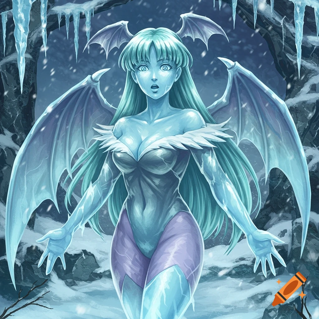 A surprised Morrigan from Darkstalkers as an ice statue with teal hair and large wings in a snowy cave.