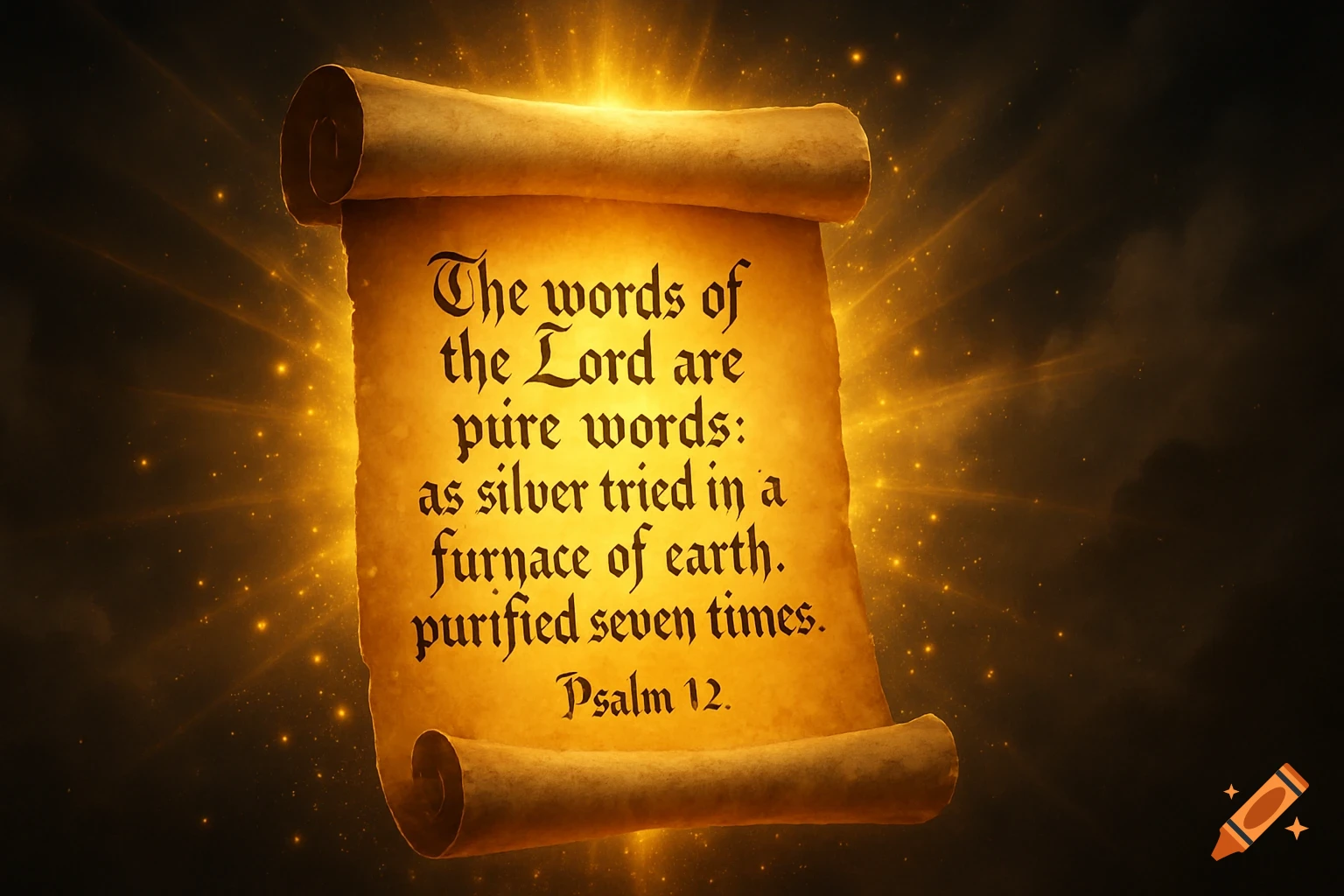 A glowing ancient parchment scroll with the verse from Psalm 12, surrounded by golden light and sparkles on a dark background.