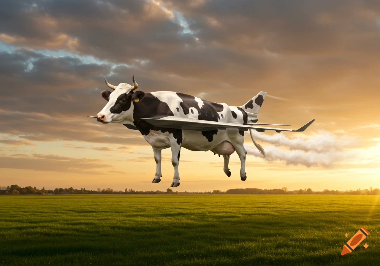 A photorealistic black and white cow with airplane wings and a tail flies over a green field at sunset.