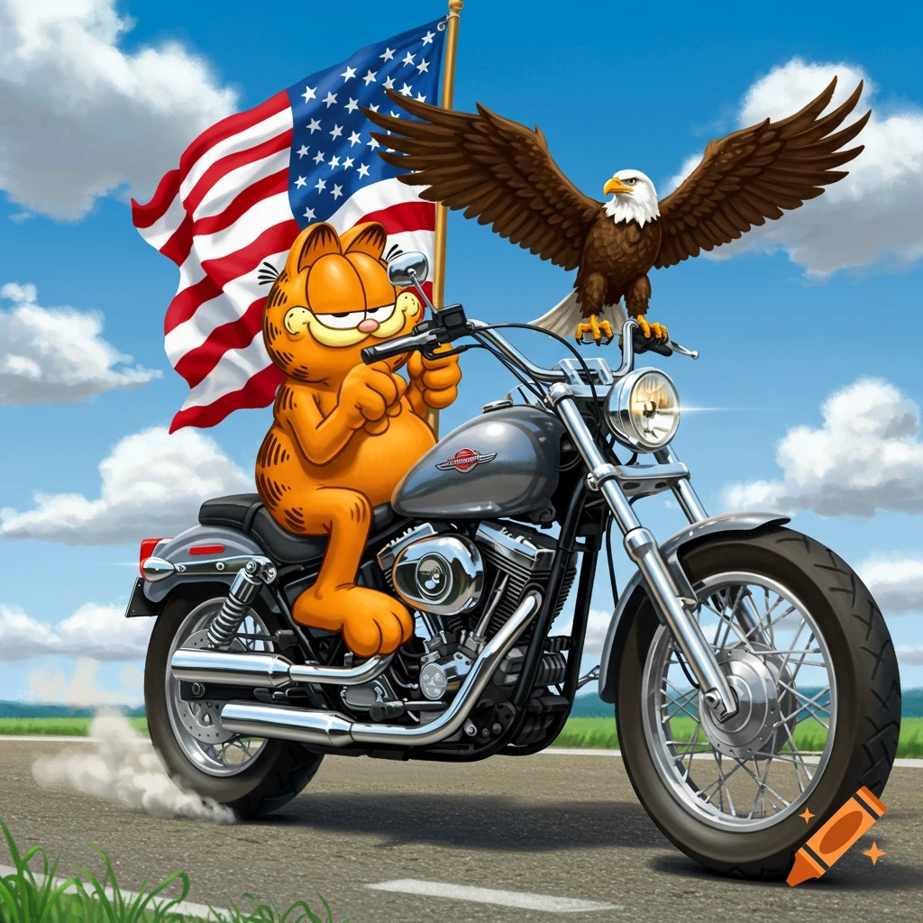 Garfield, the orange cartoon cat, rides a motorcycle with an American flag waving behind him and a bald eagle perched on the handlebars.