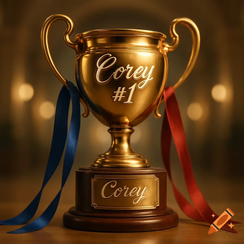 A gleaming gold trophy with blue and red ribbons, featuring the name "Corey #1" on the cup and "Corey" on the base.
