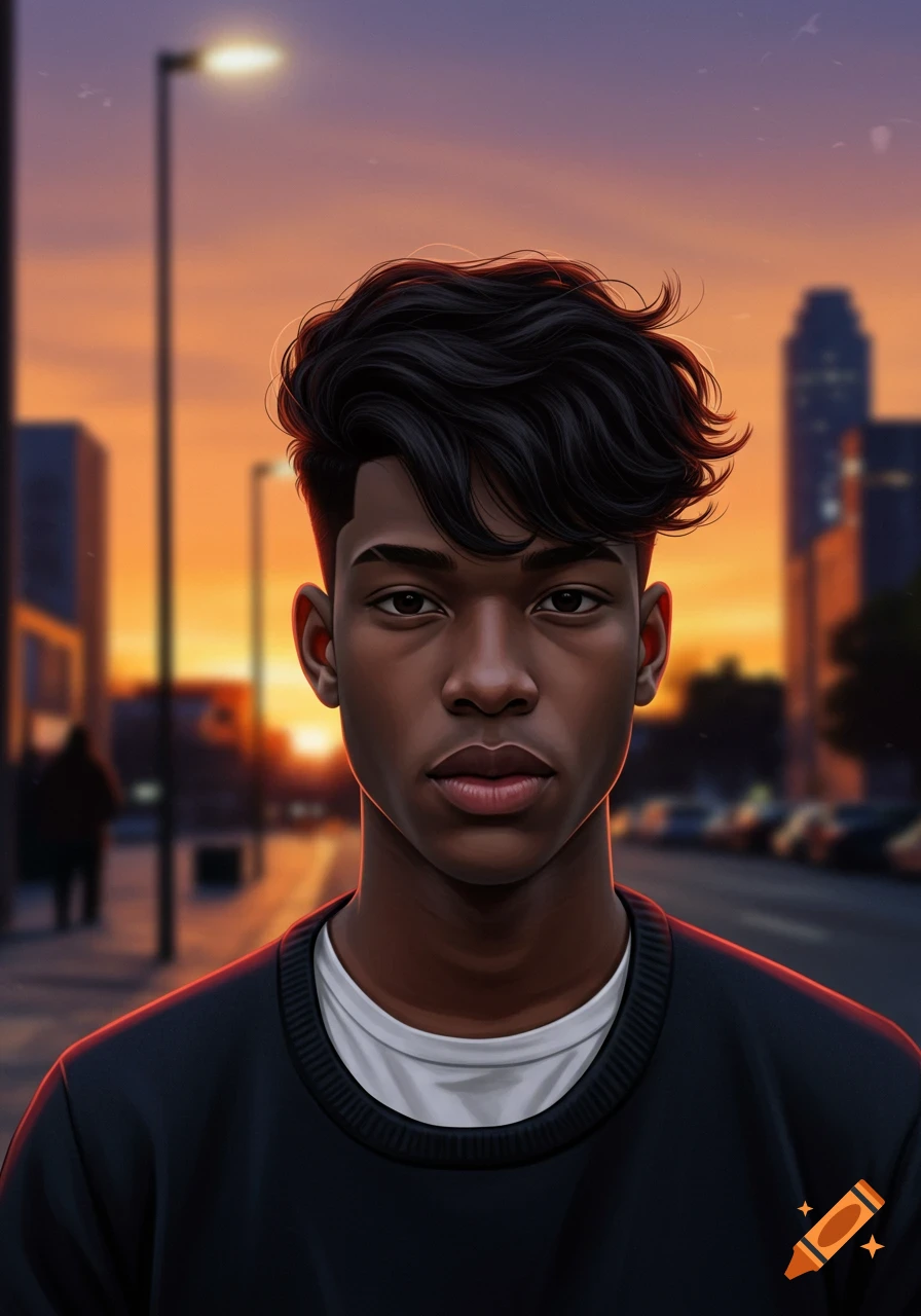 A stylized portrait of a young man with dark wavy hair and a fade haircut, standing on a city street at sunset.