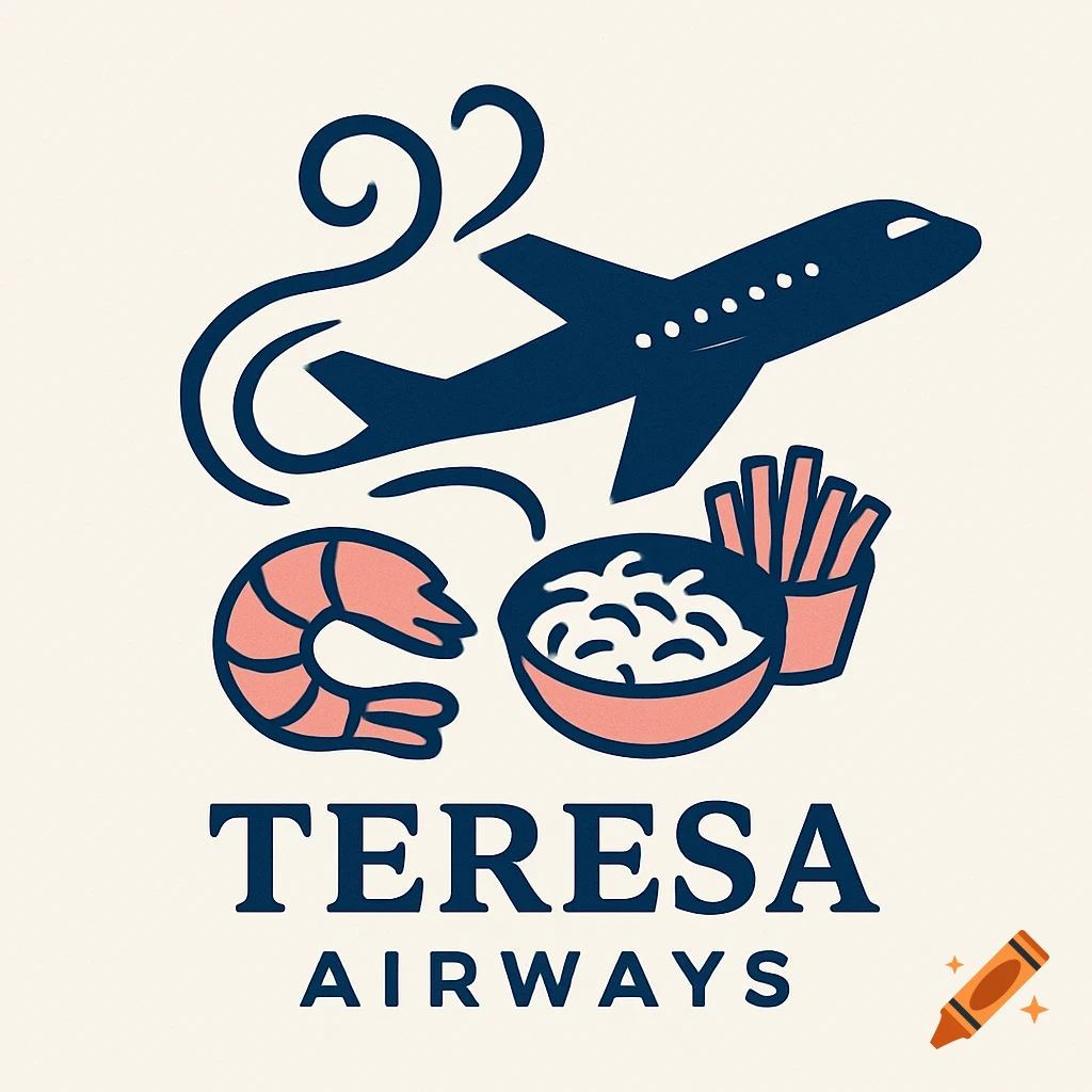 A vintage-style logo for Teresa Airways featuring a dark blue airplane, smoke swirls, a pink shrimp, a bowl of white food, and a container of french fries on a light background.