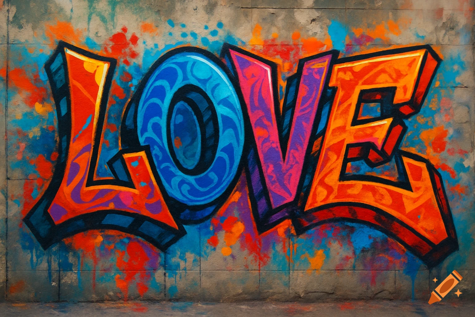 Graffiti art spelling out 'LOVE' in bold, colorful letters on a textured wall, with paint splatters around it.