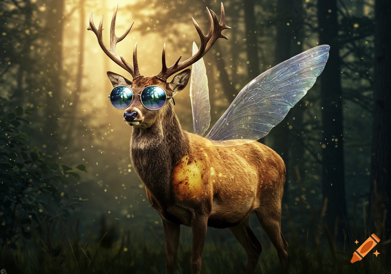 A deer wearing round sunglasses and shimmering fairy wings stands in a sunlit forest, its body appearing textured like a potato.
