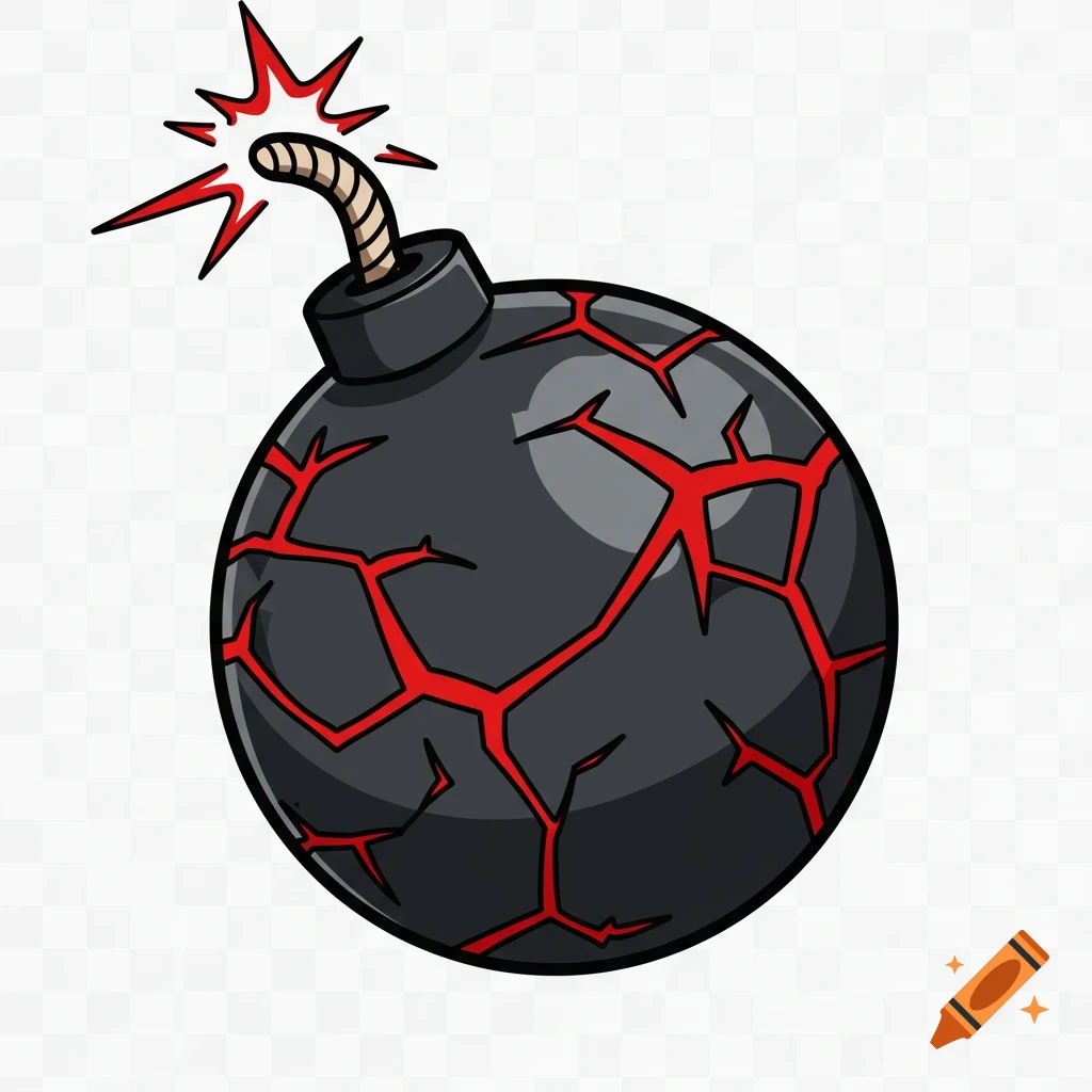 A cartoon black time bomb with a lit fuse and glowing red cracks, indicating it's about to explode, against a transparent background.
