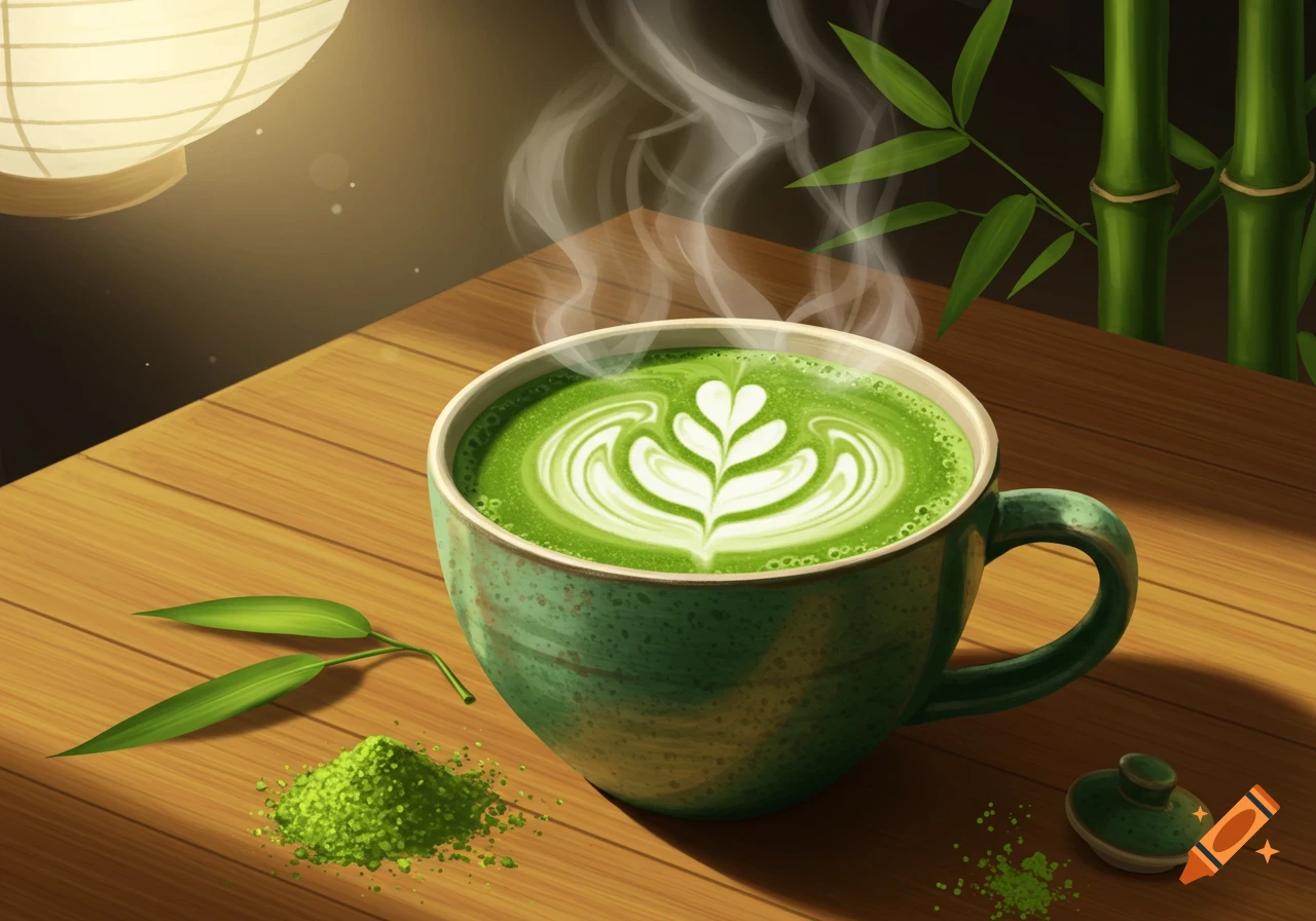 A steaming cup of matcha latte with leaf latte art on a wooden table, next to matcha powder and bamboo, in a drawing style.