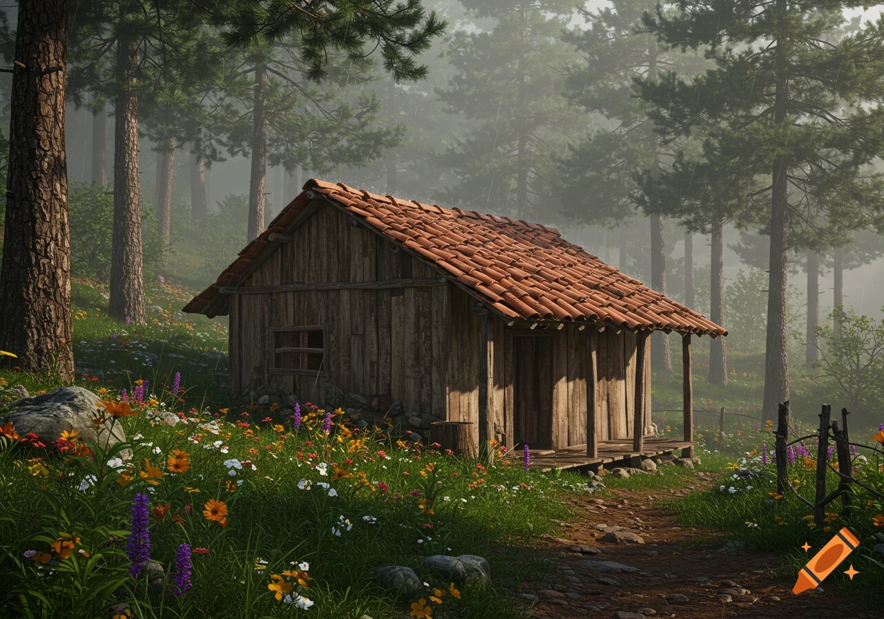 A rustic wooden cabin with a red tile roof is nestled among colorful wildflowers and tall pine trees in a misty forest.