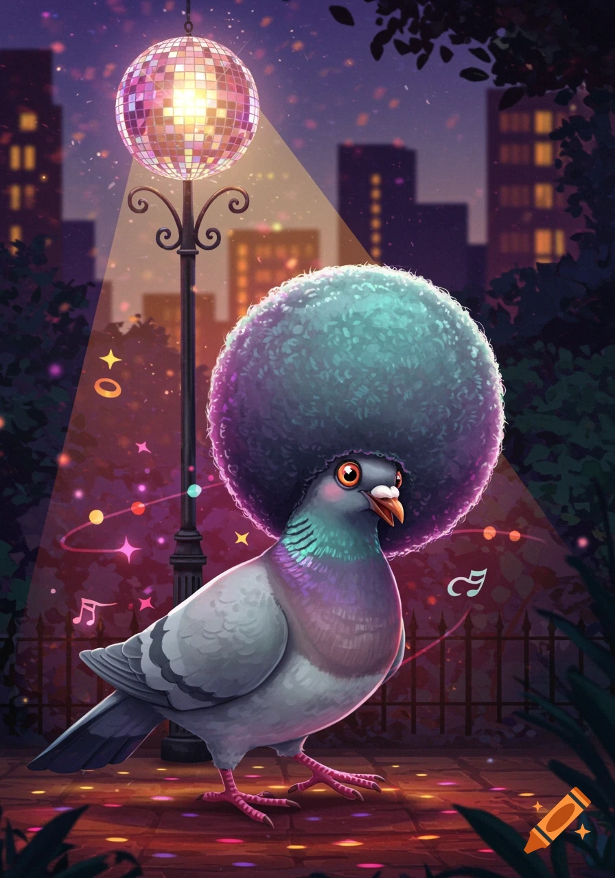 A vibrant illustration of a pigeon with a large afro under a disco ball street lamp, surrounded by glowing lights and musical notes at night.