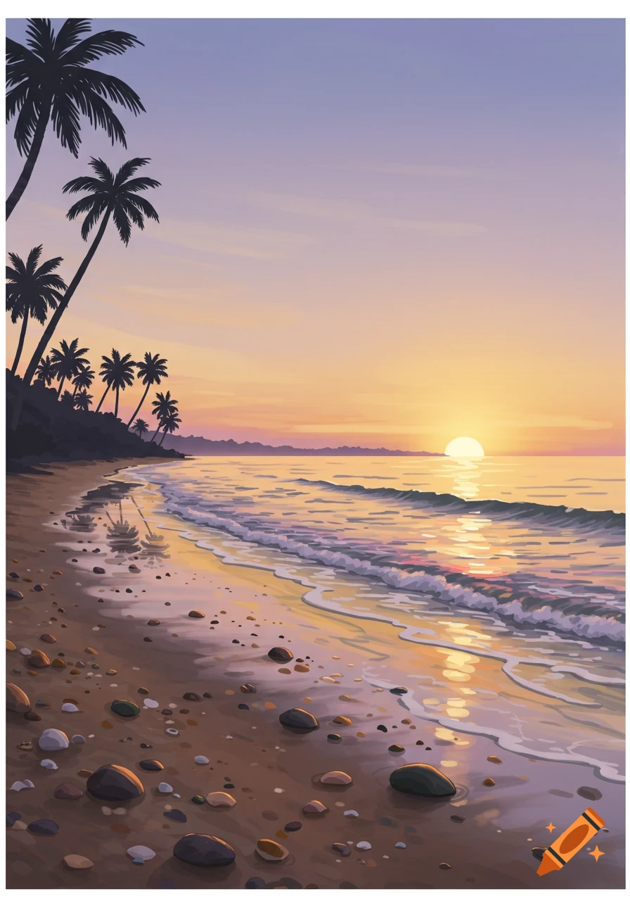 Illustrated tropical beach at sunset with palm trees silhouetted against the colorful sky and waves on the sandy shore.