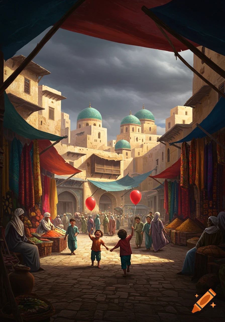 Two children with red balloons run through a bustling, sunlit Middle Eastern market with vibrant textiles and domed buildings under a stormy sky.