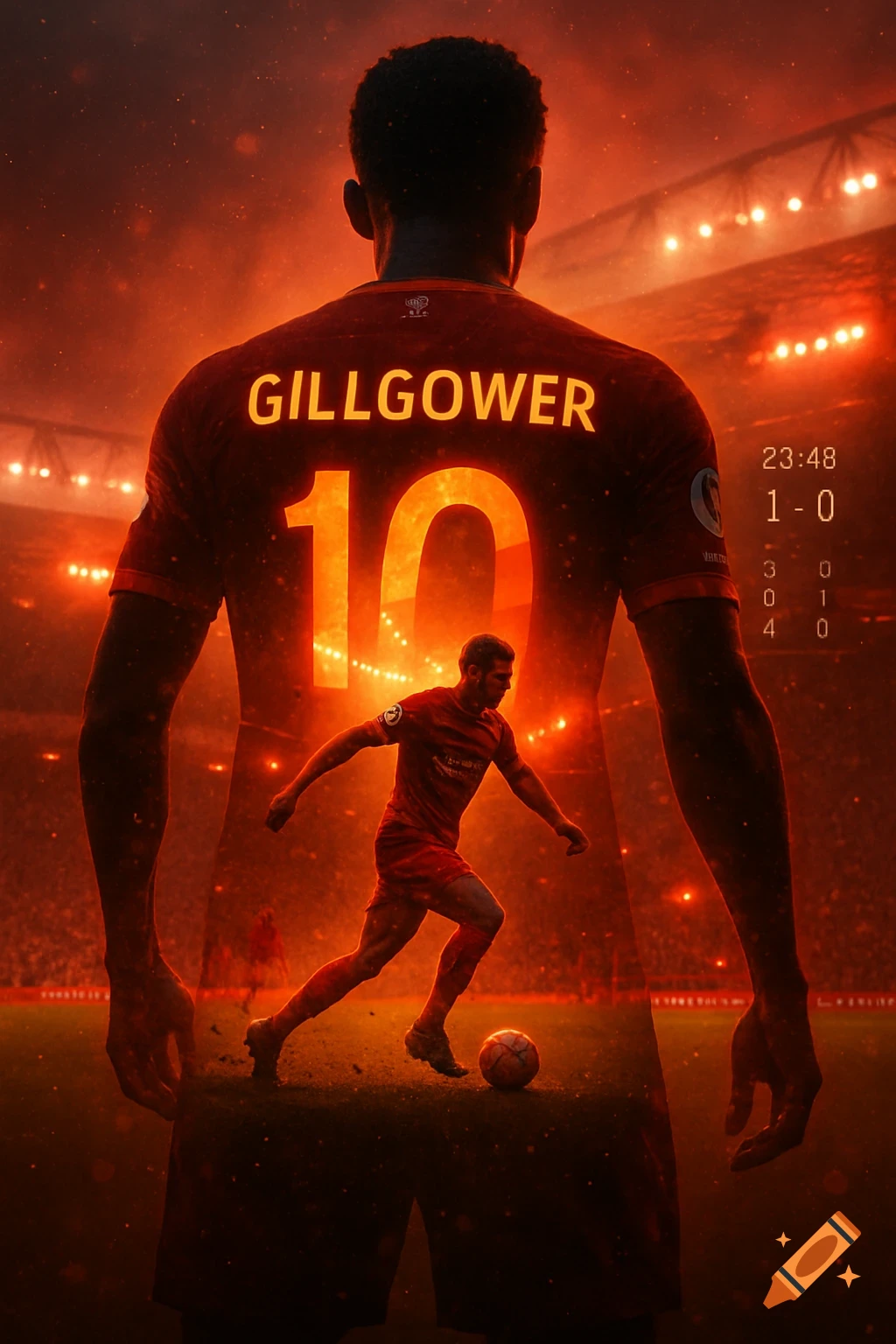 A double exposure artwork of a football player's silhouette with "GILLGOWER 10" on the back, containing a smaller player dribbling inside a red-lit stadium. Digital HUD overlays are on the right.