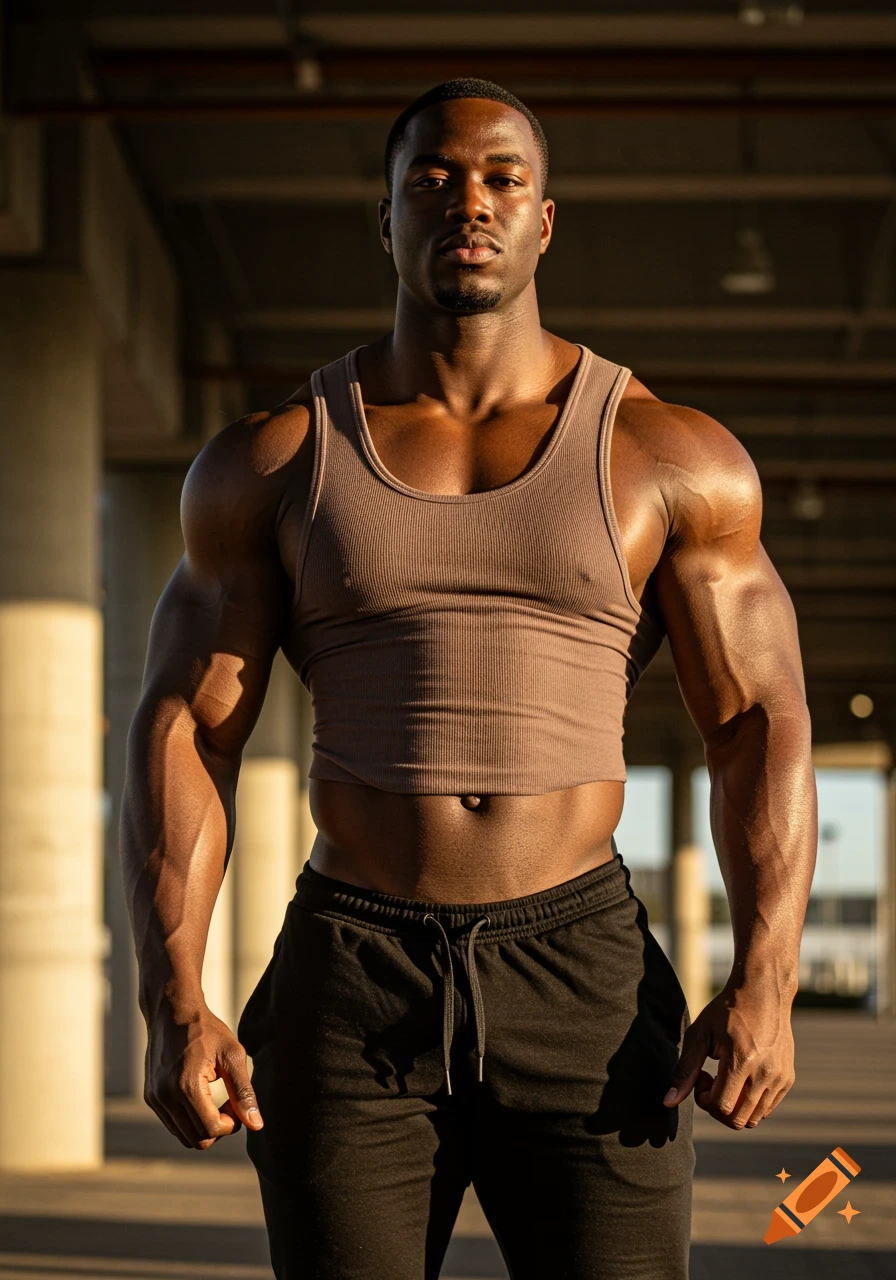 Muscular Black man in a brown tank top and black sweatpants stands confidently in a sunlit concrete structure.