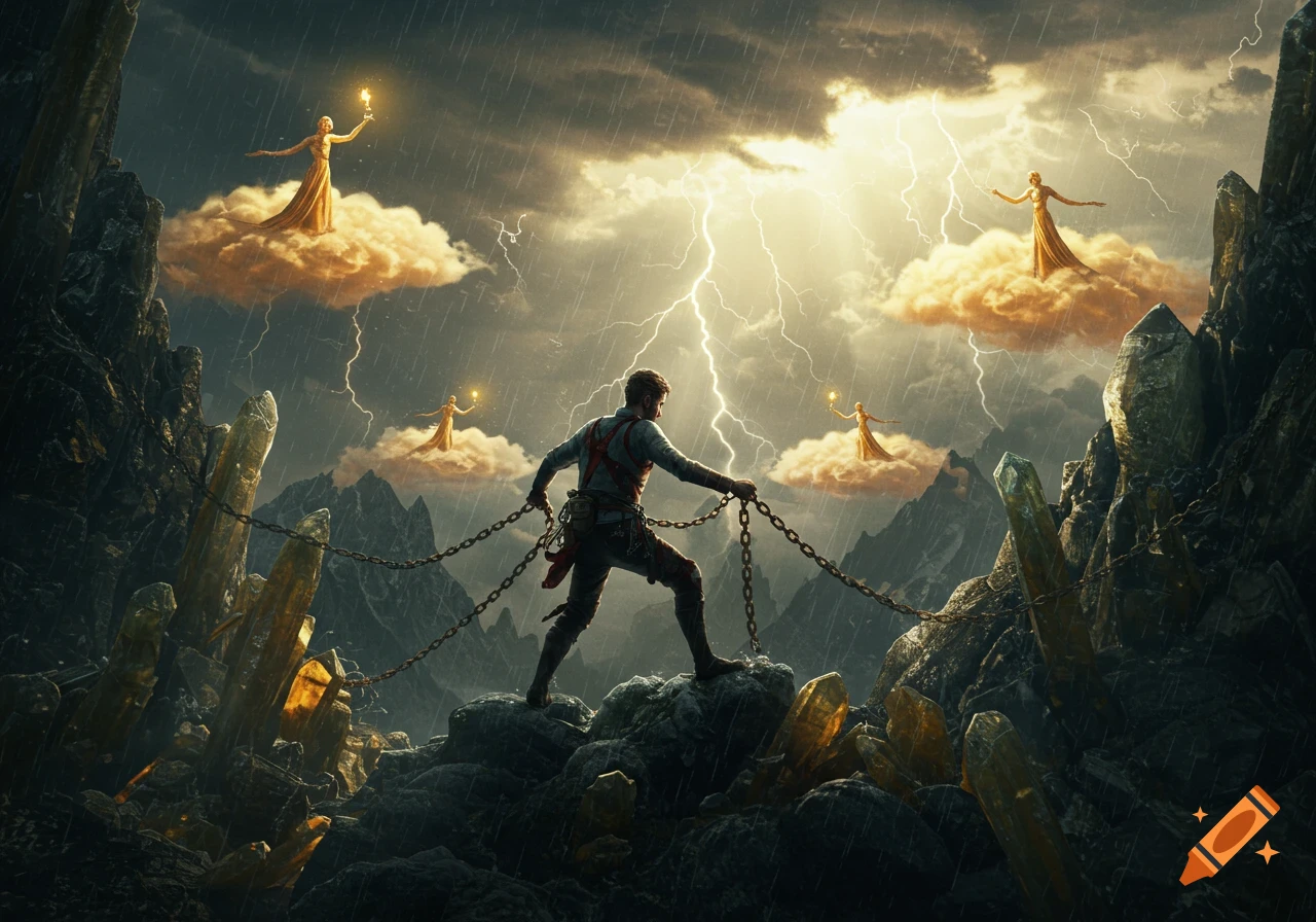 A lone man struggles up a jagged mountain, pulling chains, under a lightning storm with ethereal figures on golden clouds. Dramatic surreal art.