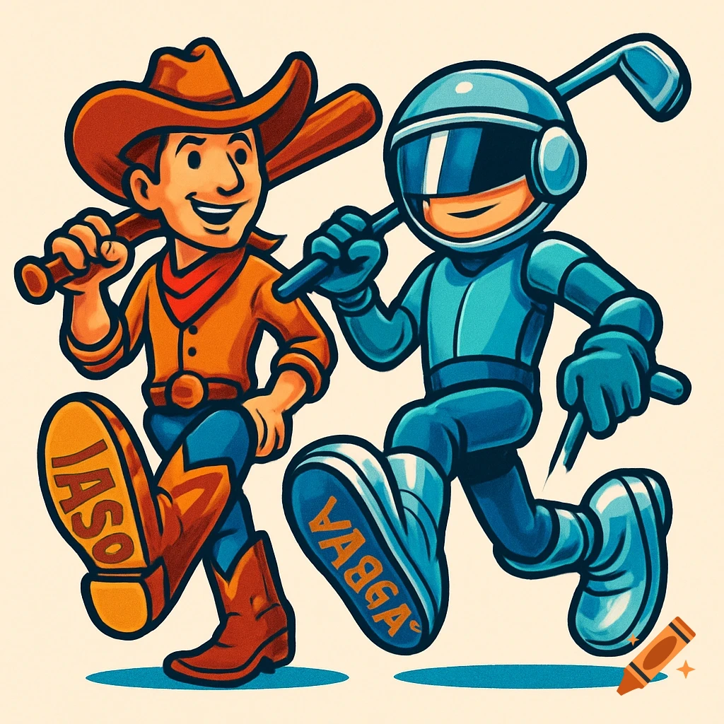 Bold, colorful cartoon of a cowboy holding a baseball bat and a space character holding a golf club, walking side by side.