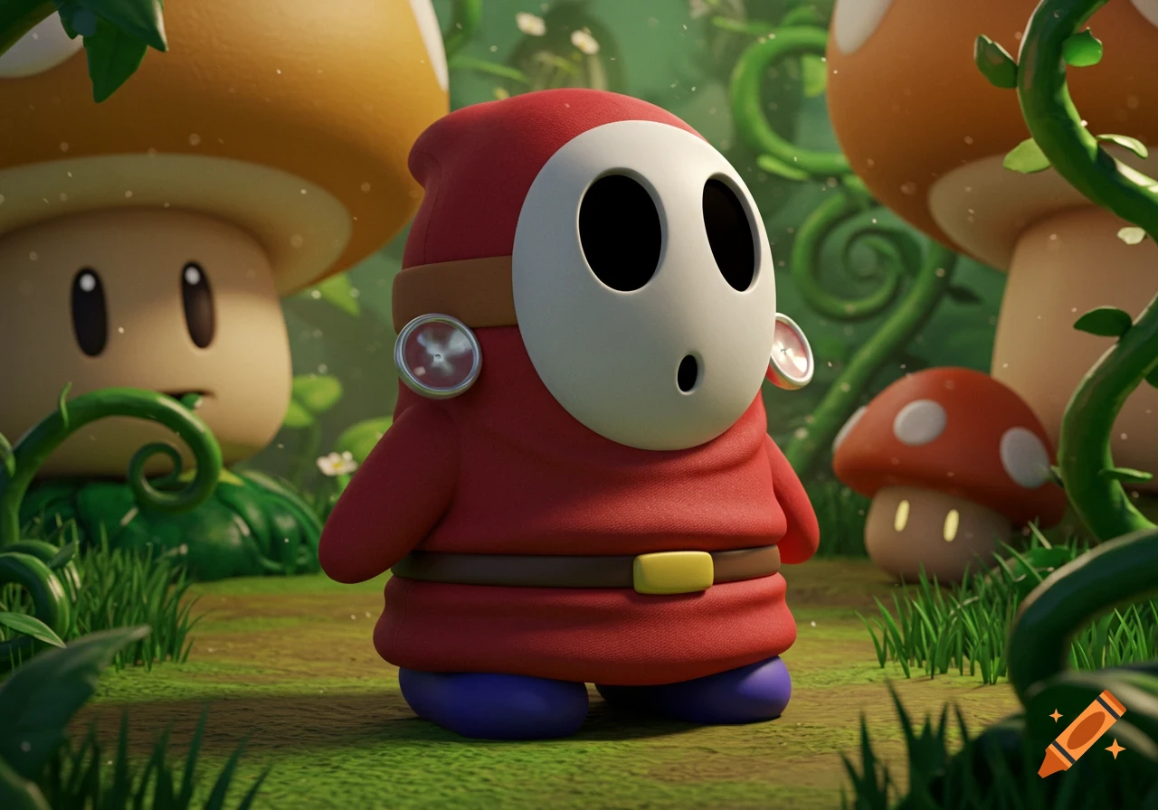 A 3D rendered image of a red Shy Guy character in a forest with large mushrooms and green vines.