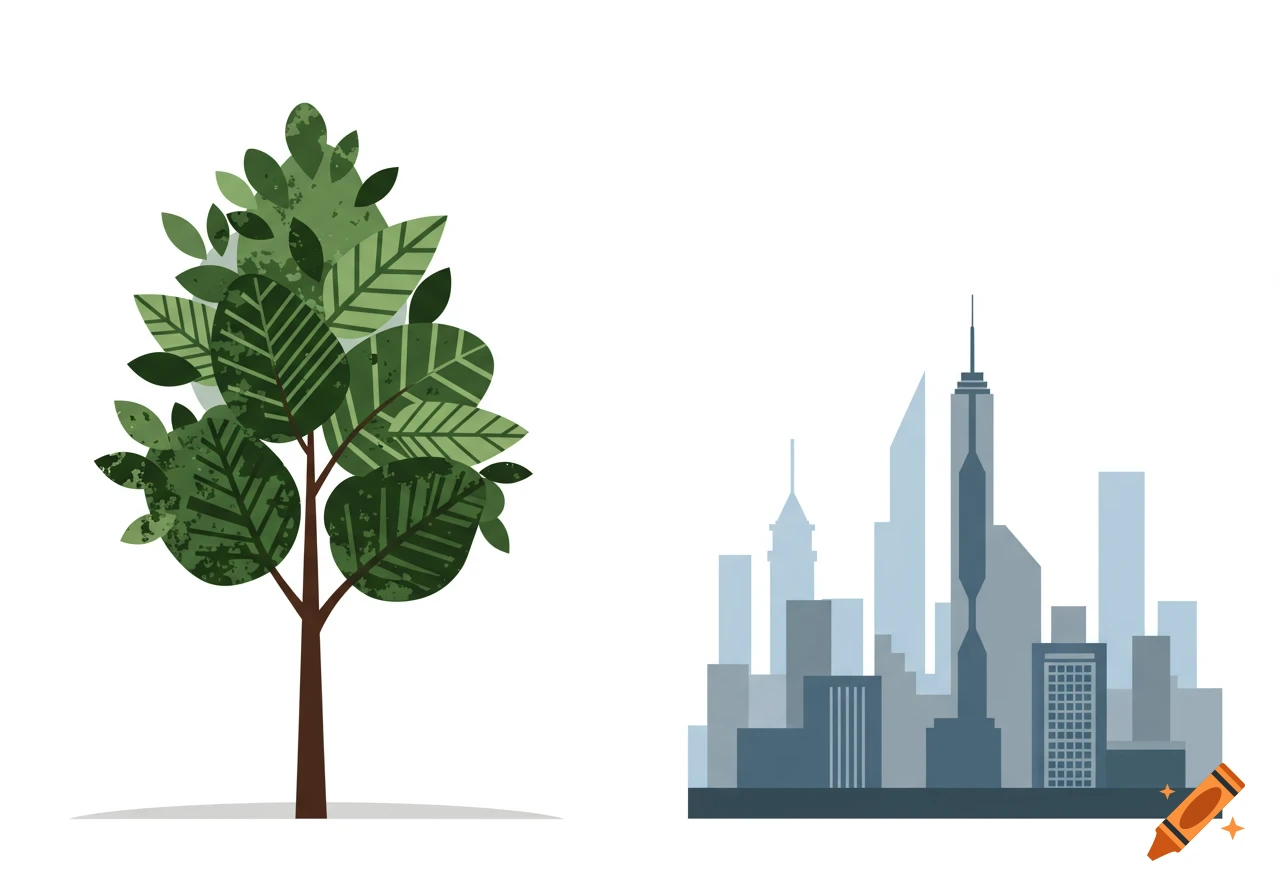 A stylized illustration featuring a green tree on the left and a blue-grey cityscape on the right, both on a white background.