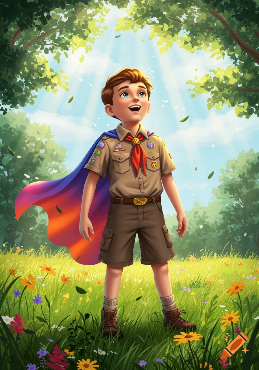 An excited cartoon boy in a cub scout uniform with a flowing hero cape stands in a sunny, wildflower-filled field.