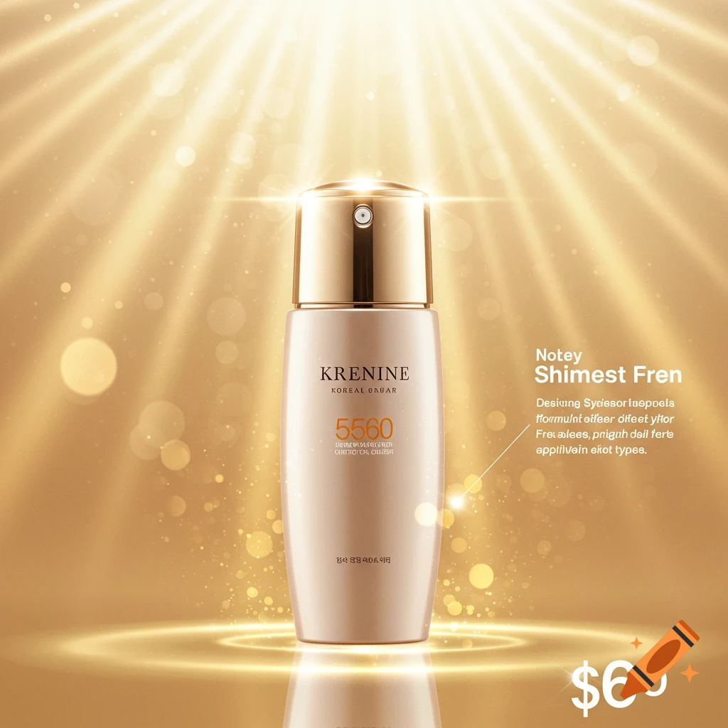A beige and gold cosmetic bottle stands on a reflective surface against a glowing golden background with light rays and bokeh. Text and a price of $60 are visible.