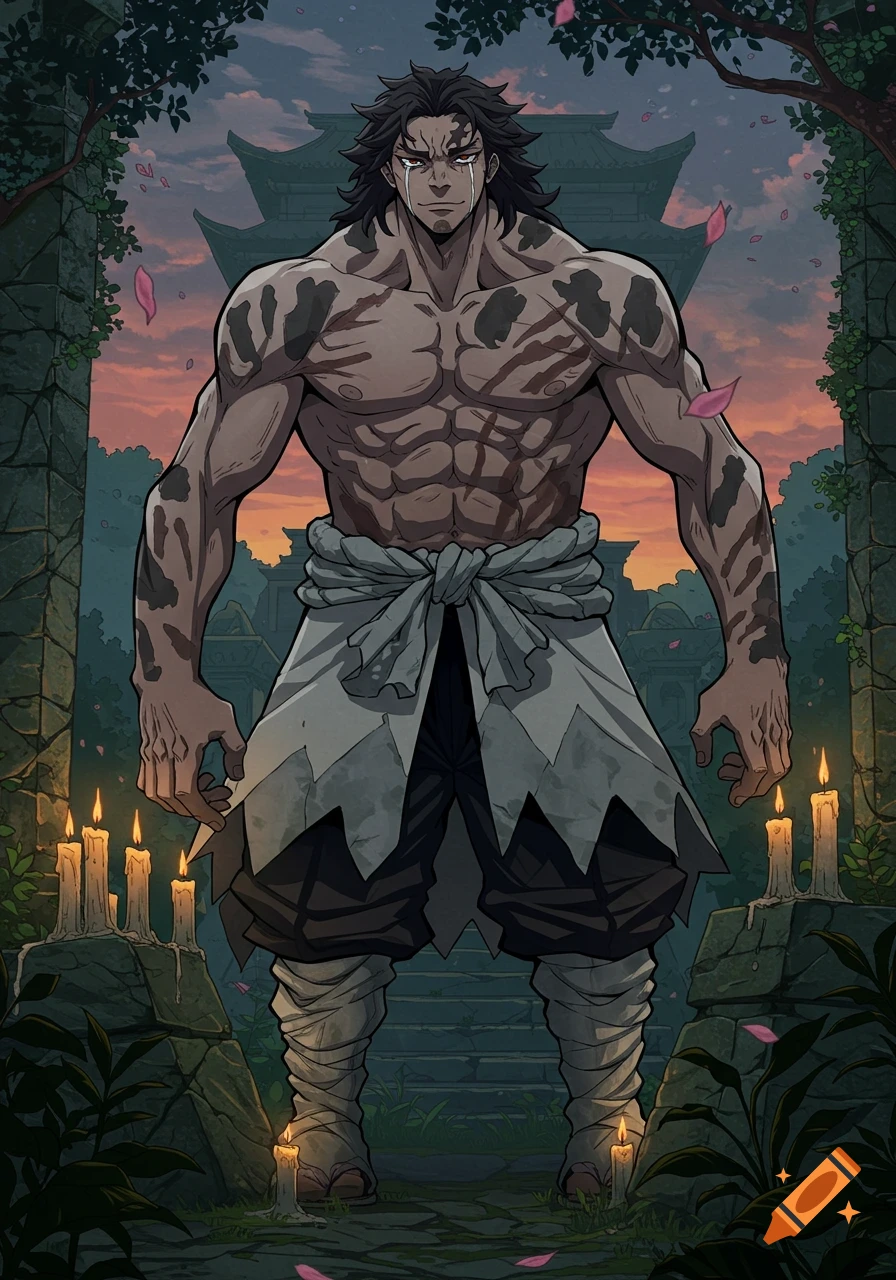 Muscular anime man with tears on his face stands before an ancient temple at sunset, surrounded by lit candles and foliage.
