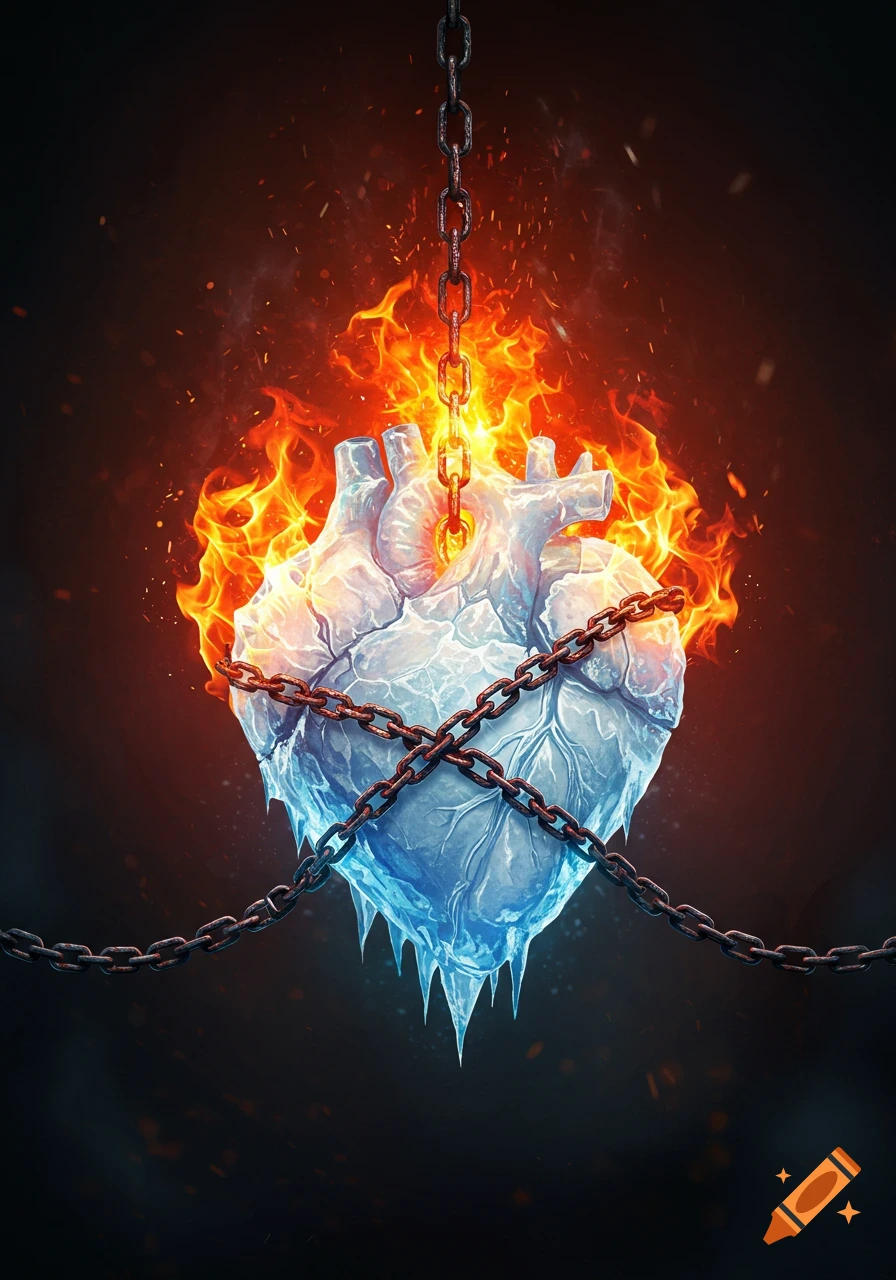 A stylized anatomical ice heart, engulfed in flames at the top and wrapped in metal chains.